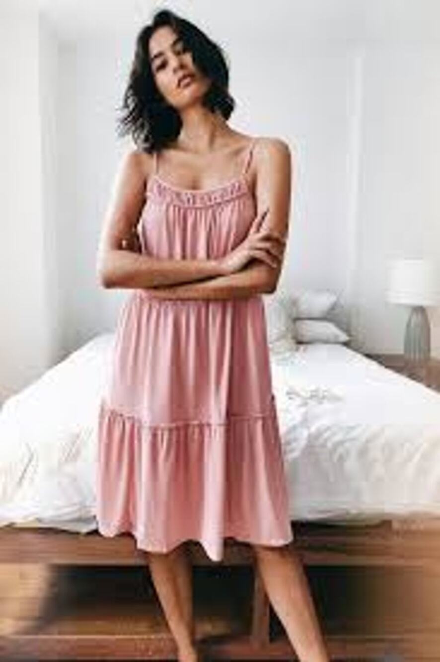 Anthropologie Saturday Sunday Etta Dress Large Pink Tier Midi Adjust Straps NWT